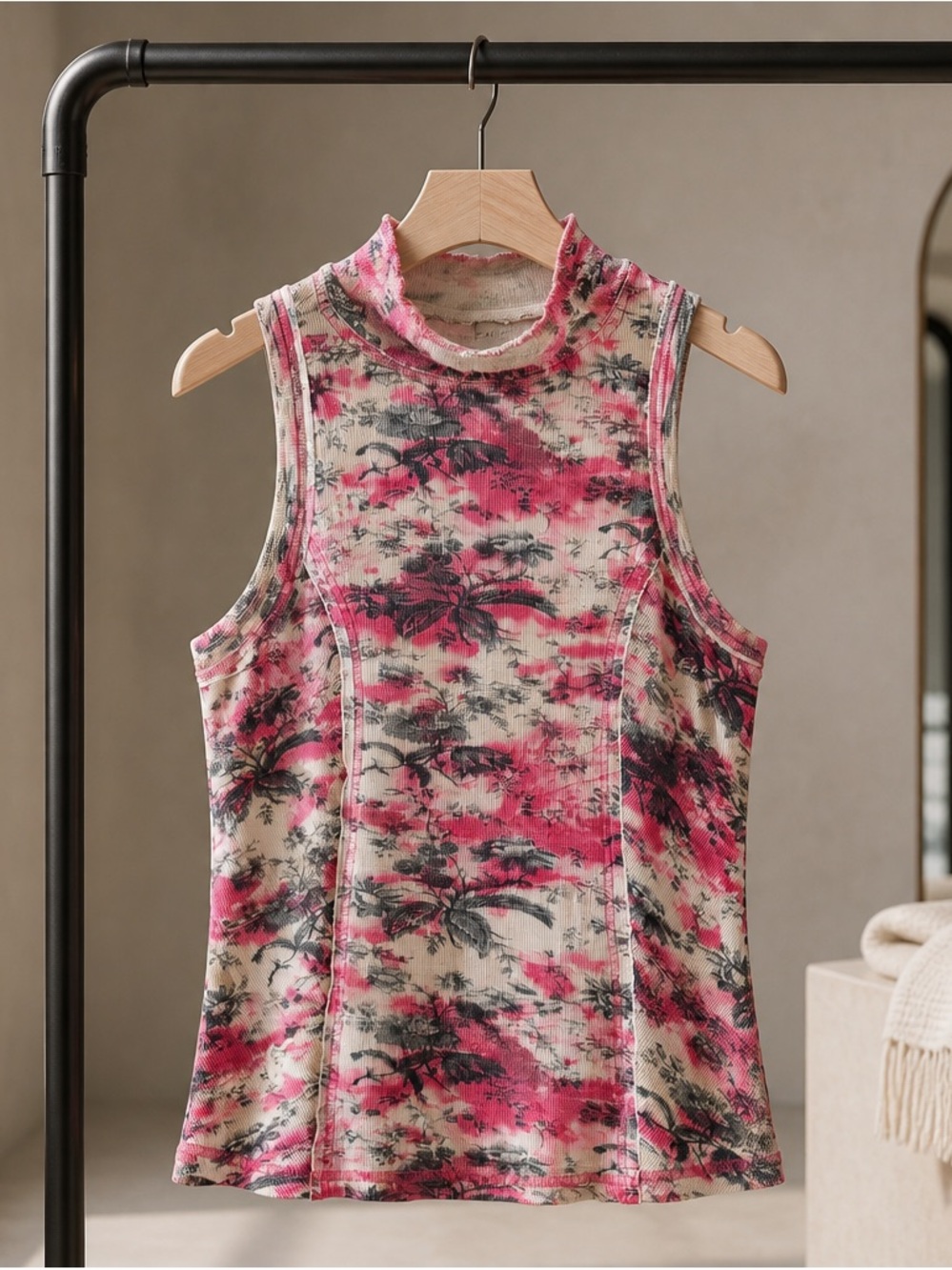 Pilcro Pink and Black Floral Mock Neck Tank